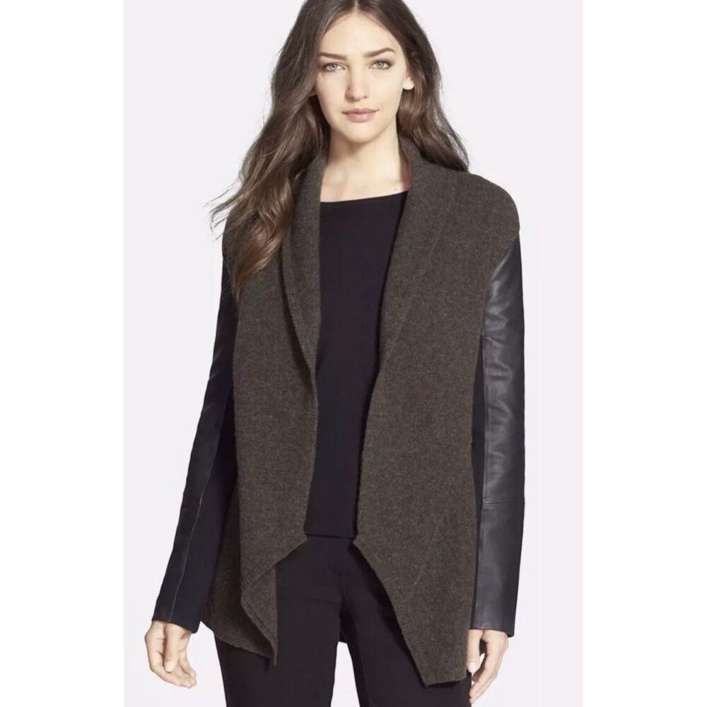 Eileen Fisher Wool Leather Asymmetrical Cardigan Coat XS Brown Minimalist Luxury